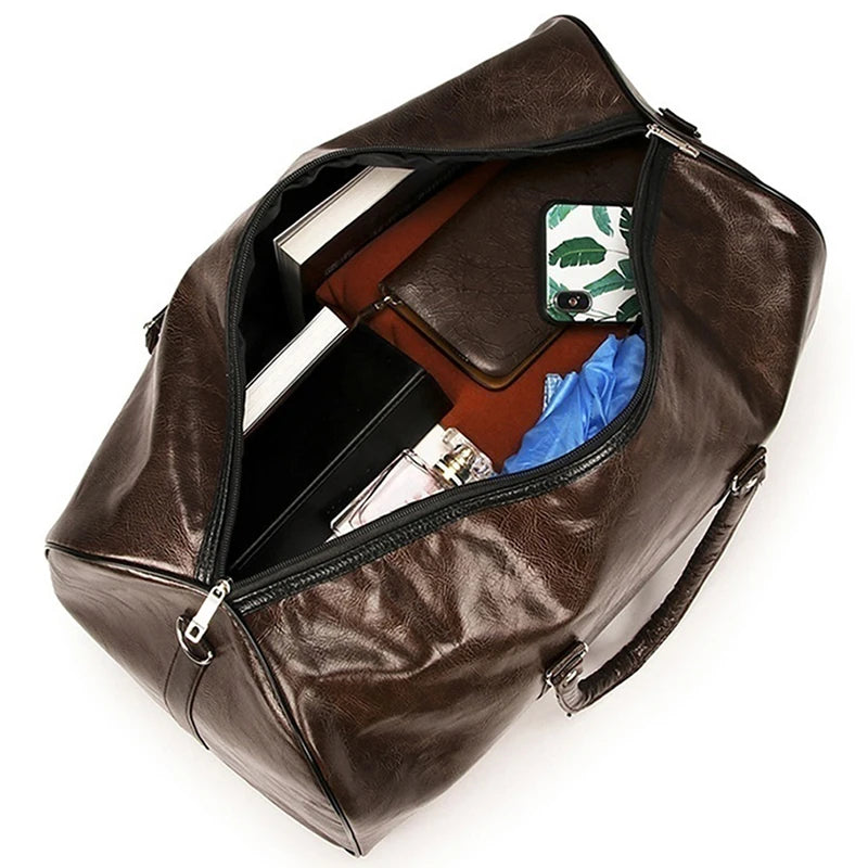 Large Leather Travel Bag - Independent Gym Bag - Handbag or Shoulder Bag with Zipper for Men - Fashion and Elegance