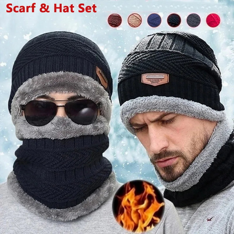 Winter Knitted Hat with Coral Velvet Scarf - Thick Warm Cap for Men and Women