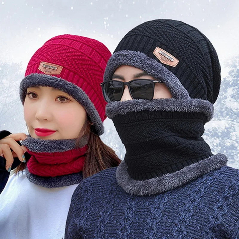 Winter Knitted Hat with Coral Velvet Scarf - Thick Warm Cap for Men and Women