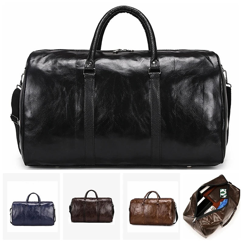 Large Leather Travel Bag - Independent Gym Bag - Handbag or Shoulder Bag with Zipper for Men - Fashion and Elegance