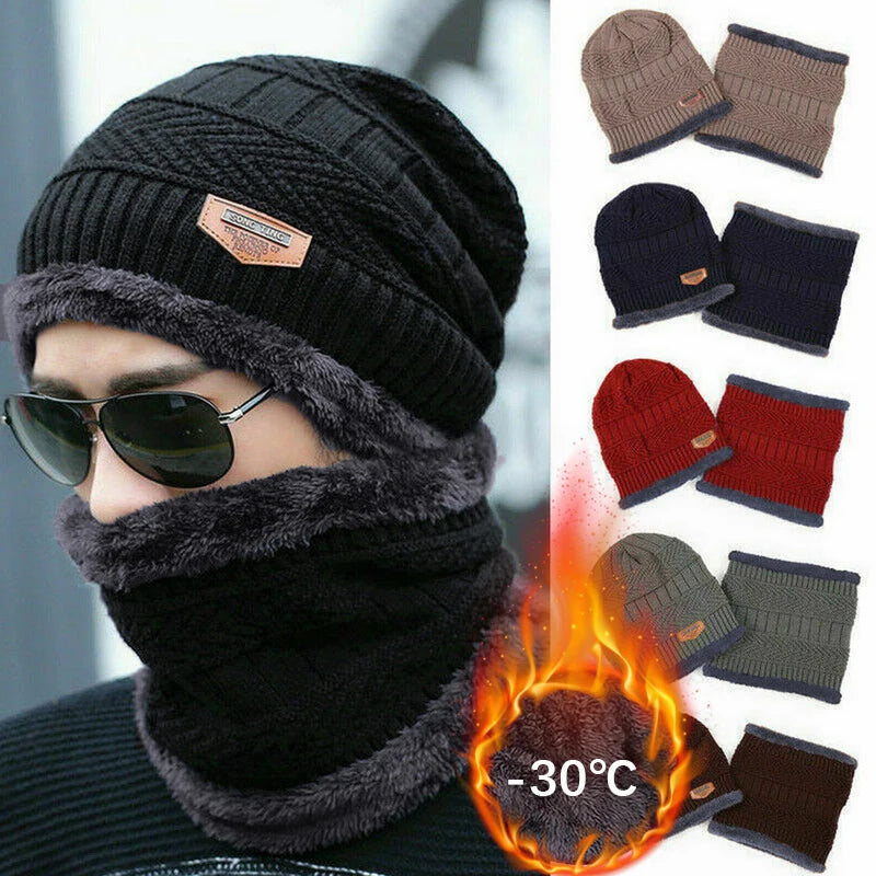 Winter Knitted Hat with Coral Velvet Scarf - Thick Warm Cap for Men and Women