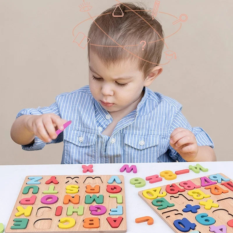 Wooden Puzzles Alphabet and Colorful Numbers - Educational Game for Children - Early Learning Toy for Kindergarten