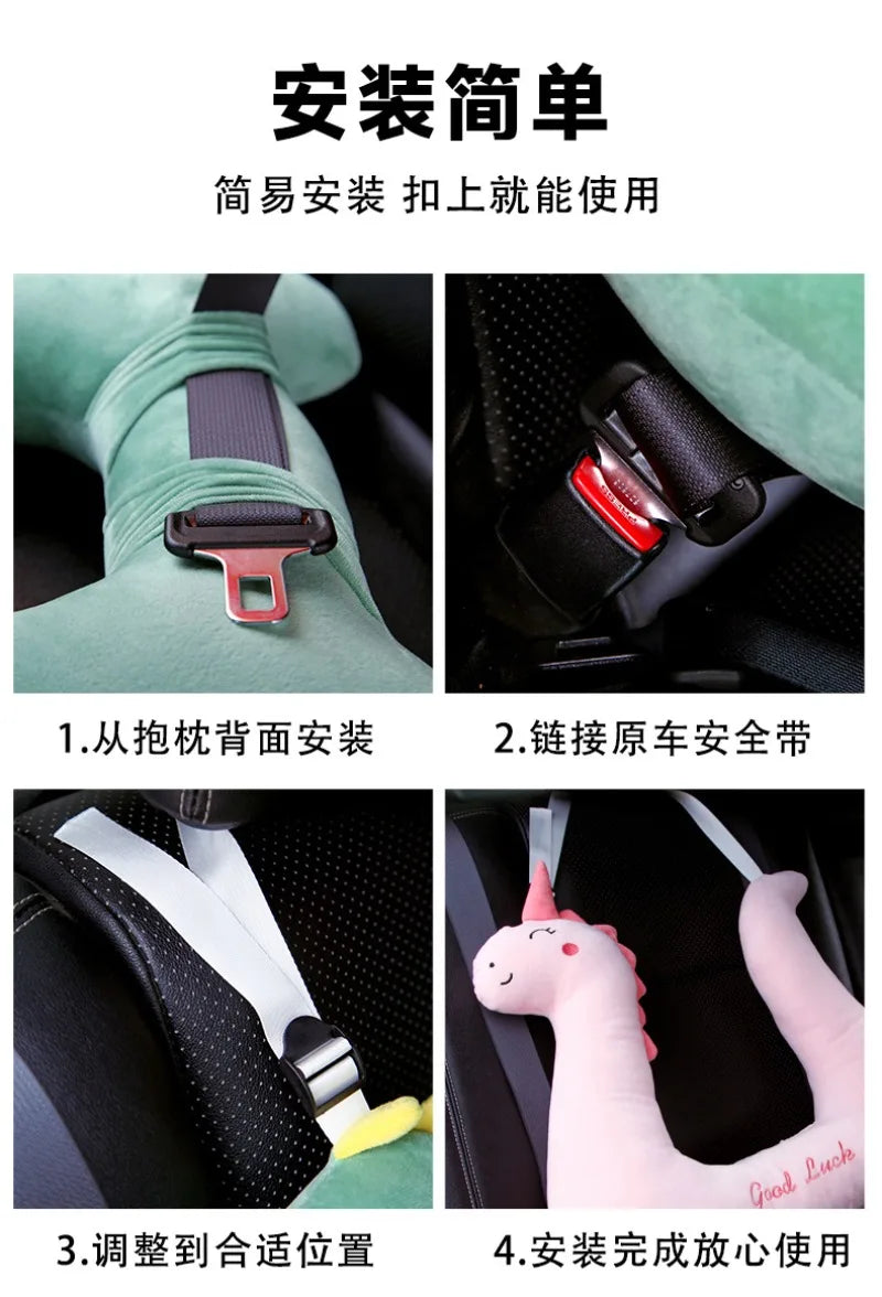 Car Pillow for Kids - Headrest and Seat Belt with Protection - Cartoon Cushion for Back Seat