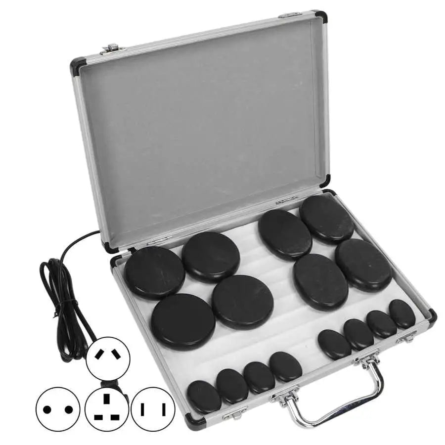 16pcs Hot Massage Stones Set with Aluminum Box - Pain Relief & Relaxation - Waterless Heating - Essential Oil Therapy