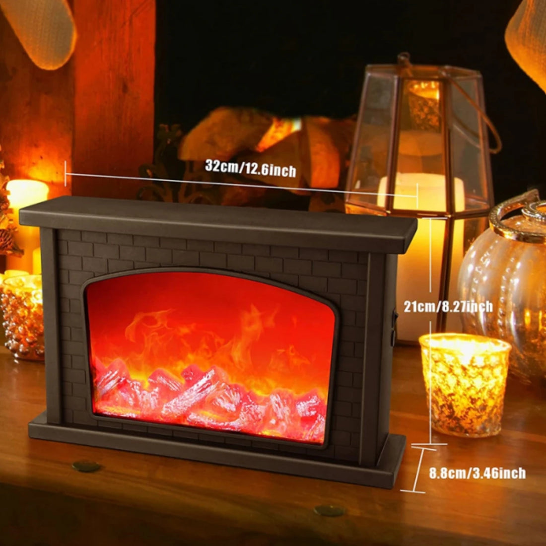 Simulated Flame Fireplace Lantern - USB or Battery Powered LED Light for Yard, Bedroom, Living Room and Table Decoration