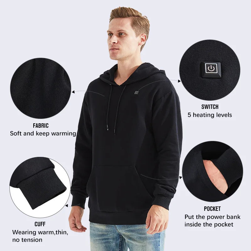 Hoodie chauffant USB pour hommes et femmes – Coton épais avec fermeture éclair, poches et doublure en laine pour l’automne et l’hiver