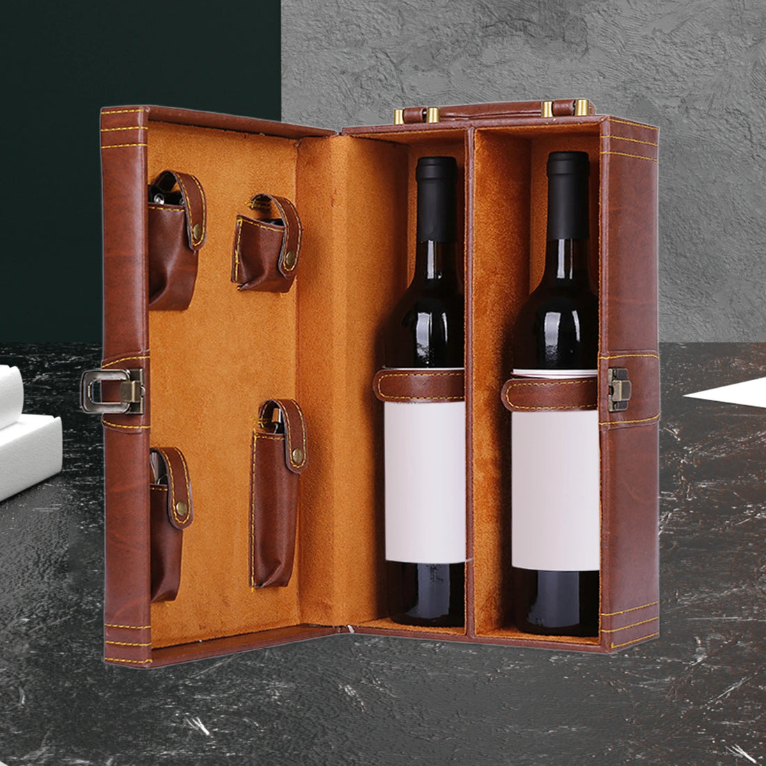 Boîte à Vin en Cuir PU avec Poignée – Style Vintage, Porte-Bouteille Fait Main pour le Stockage de Bouteilles de Vin