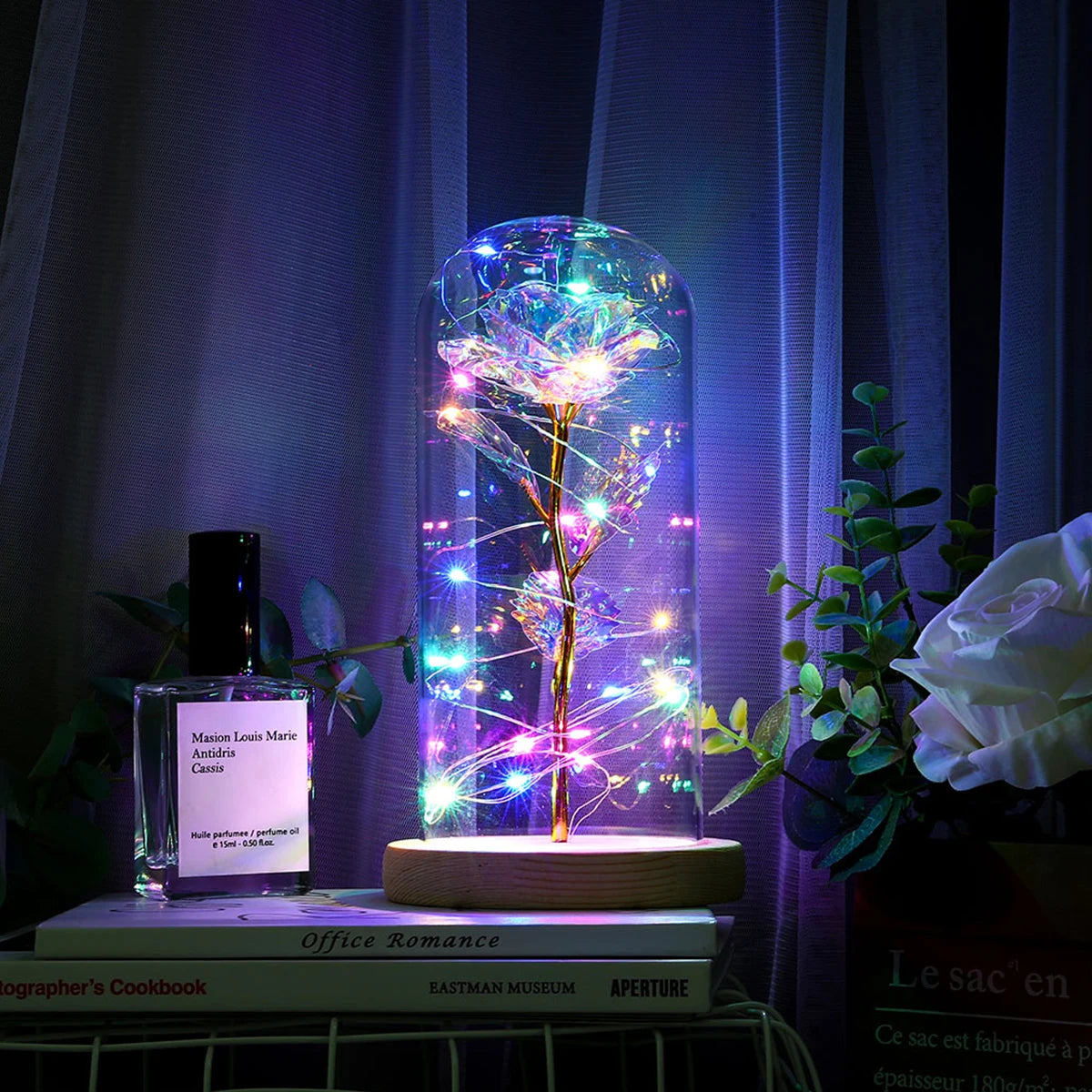 Lampe Rose Galaxie Artificielle avec Papillon et LED Colorée dans un Verre