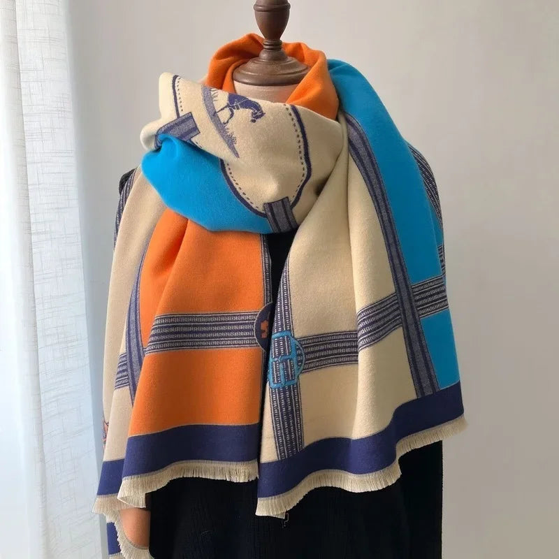 Nouvelle Écharpe Automne-Hiver 2024 – Pashmina Imprimée pour Femme – Châles et Plaids Épais en Cachemire, Chauds et Confortables