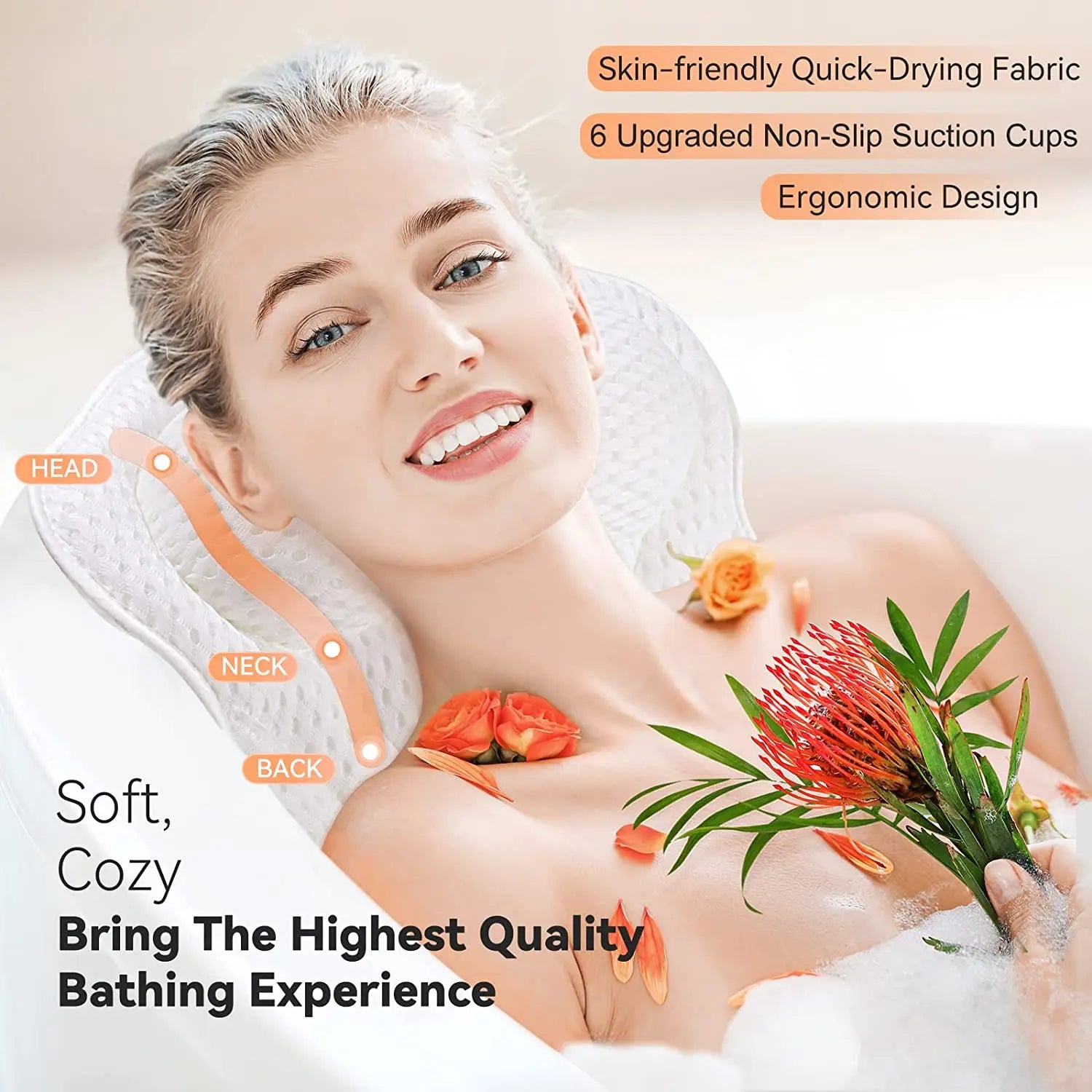 Soft Bath Pillow for Tub - Neck and Back Support with Strong Suction Cups - Comfortable Spa Cushion