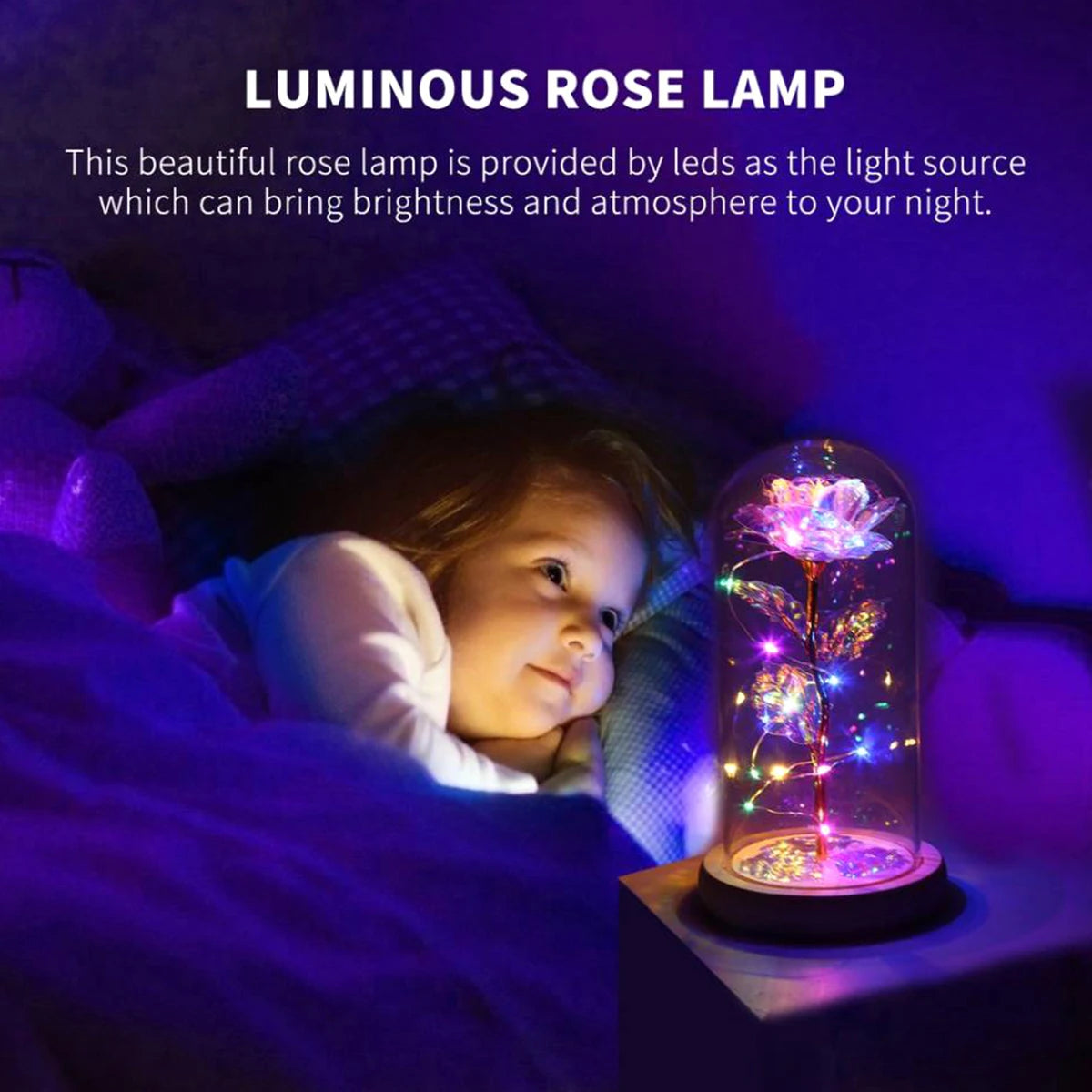 Lampe Rose Galaxie Artificielle avec Papillon et LED Colorée dans un Verre