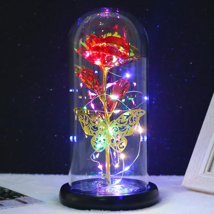 Lampe Rose Galaxie Artificielle avec Papillon et LED Colorée dans un Verre