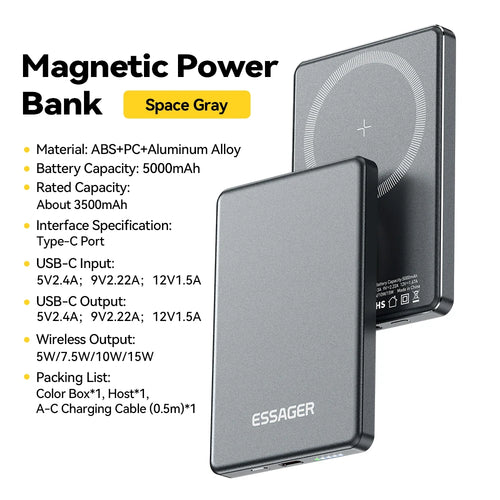 Batterie Externe Sans Fil Fine Essager 5000mAh – Recharge Rapide et Puissante