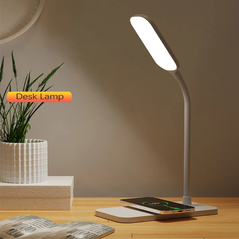 Lampe de Bureau LED avec Chargeur Sans Fil et Port USB – Veilleuse Tactile, Luminosité Réglable, Protection des Yeux – Idéale pour Gaming, Lecture, et Usage Domestique