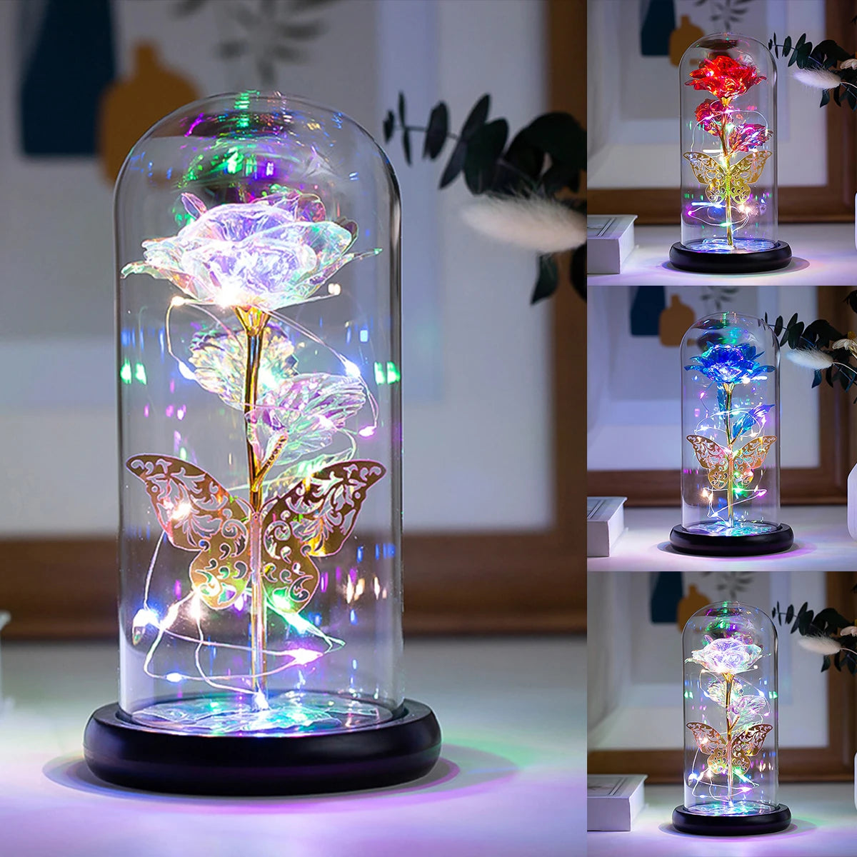 Lampe Rose Galaxie Artificielle avec Papillon et LED Colorée dans un Verre