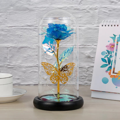 Lampe Rose Galaxie Artificielle avec Papillon et LED Colorée dans un Verre