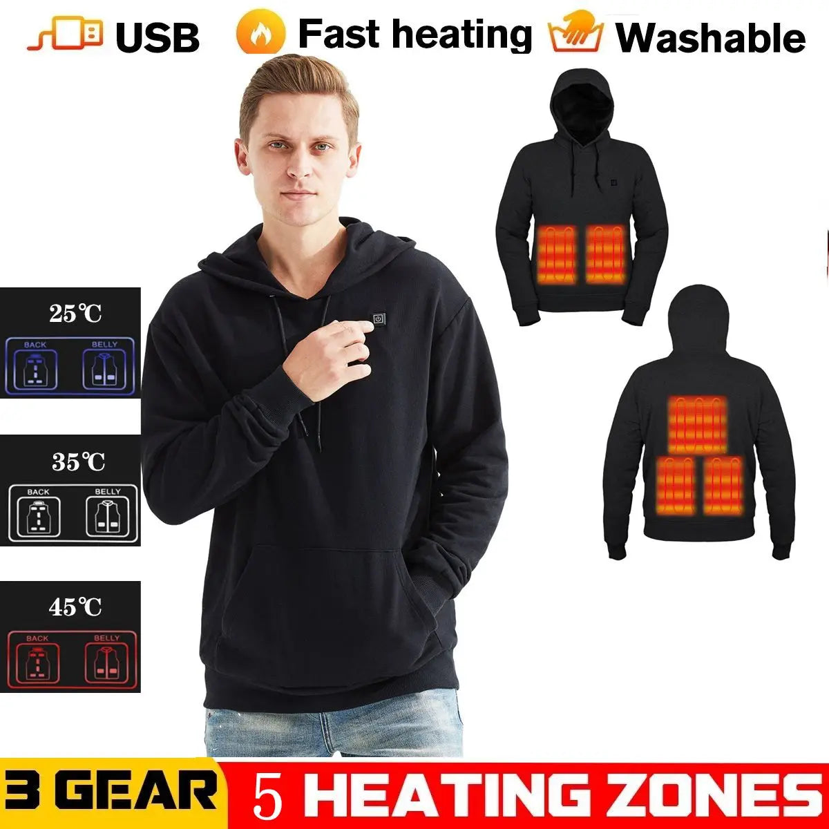 Hoodie chauffant USB pour hommes et femmes – Coton épais avec fermeture éclair, poches et doublure en laine pour l’automne et l’hiver