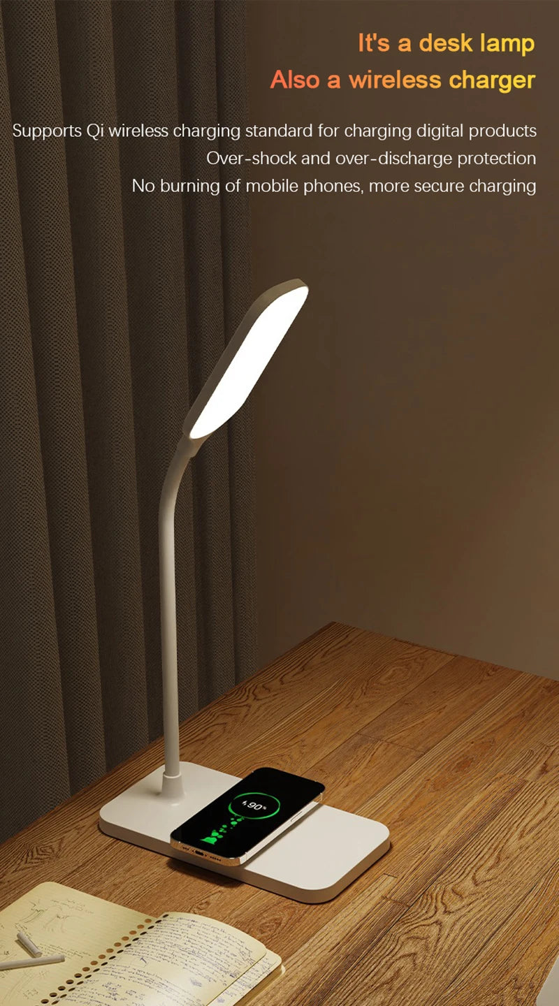 Lampe de Bureau LED avec Chargeur Sans Fil et Port USB – Veilleuse Tactile, Luminosité Réglable, Protection des Yeux – Idéale pour Gaming, Lecture, et Usage Domestique