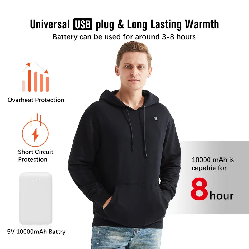 Hoodie chauffant USB pour hommes et femmes – Coton épais avec fermeture éclair, poches et doublure en laine pour l’automne et l’hiver