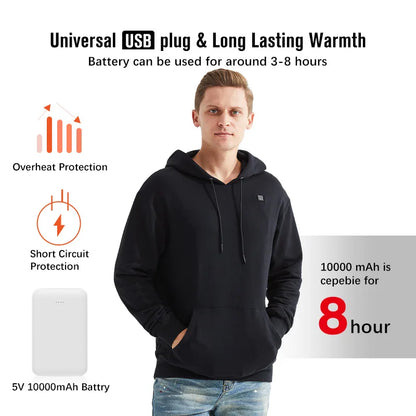 Hoodie chauffant USB pour hommes et femmes – Coton épais avec fermeture éclair, poches et doublure en laine pour l’automne et l’hiver