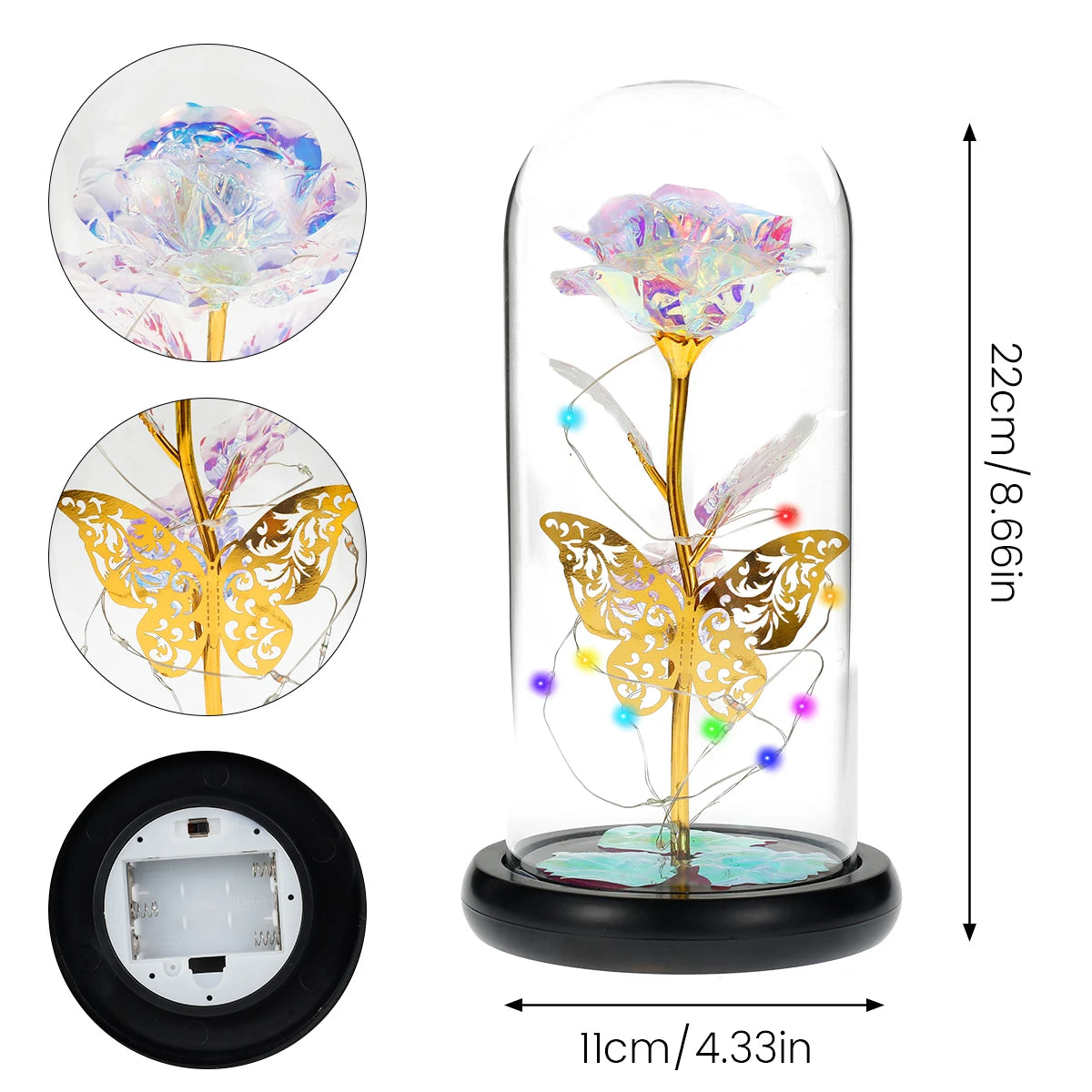 Lampe Rose Galaxie Artificielle avec Papillon et LED Colorée dans un Verre