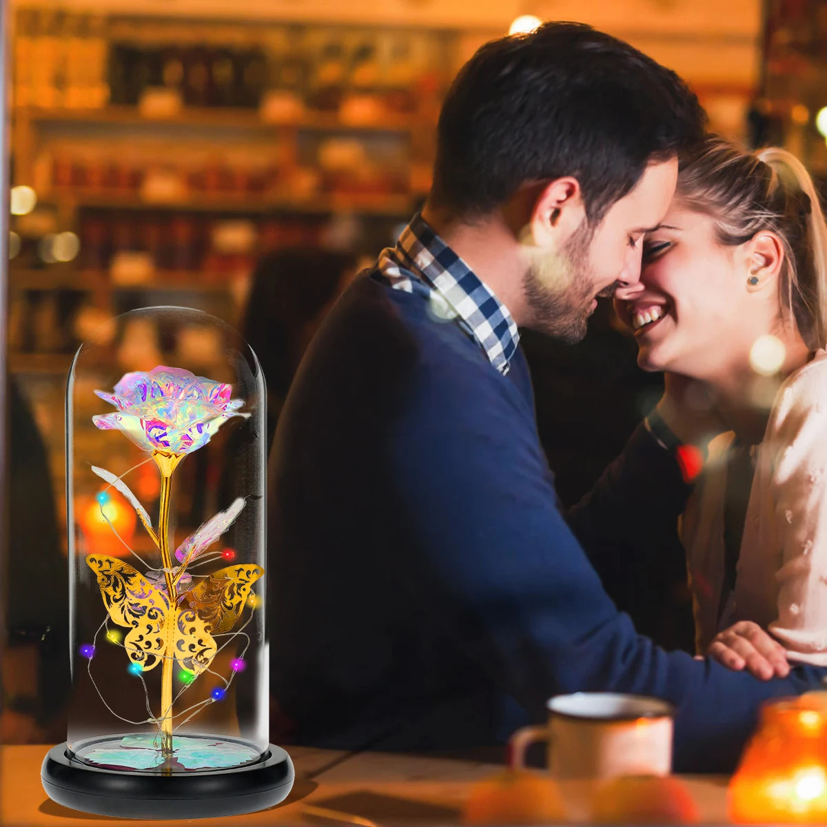 Lampe Rose Galaxie Artificielle avec Papillon et LED Colorée dans un Verre