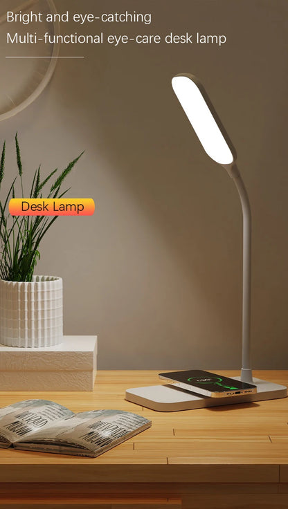 Lampe de Bureau LED avec Chargeur Sans Fil et Port USB – Veilleuse Tactile, Luminosité Réglable, Protection des Yeux – Idéale pour Gaming, Lecture, et Usage Domestique