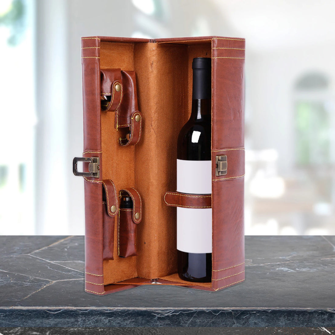 Boîte à Vin en Cuir PU avec Poignée – Style Vintage, Porte-Bouteille Fait Main pour le Stockage de Bouteilles de Vin