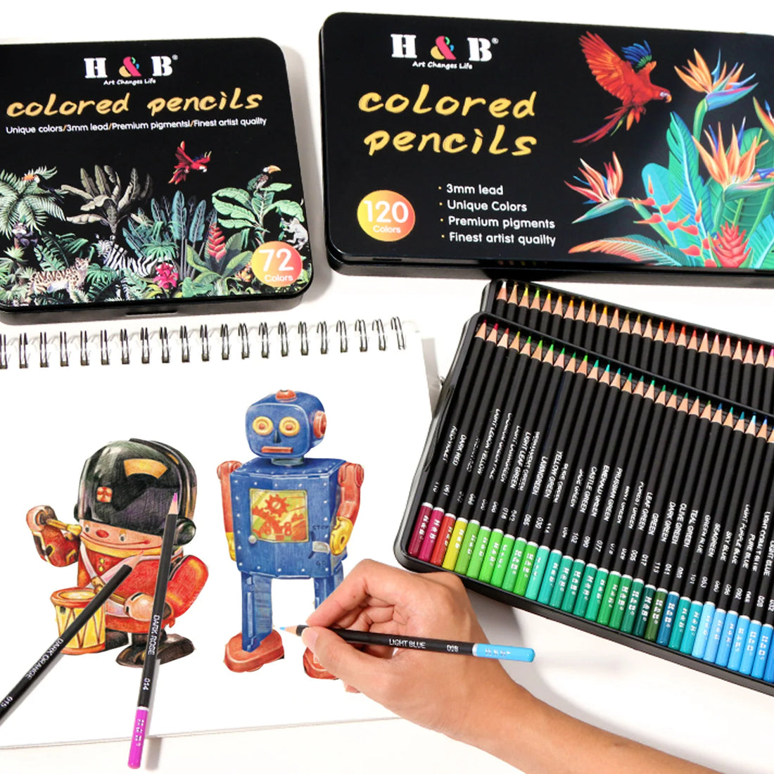 Ensemble de Crayons de Couleur H&amp;B – 24/72/120/180 Pièces – Non Toxiques pour Livres de Coloriage Adultes – Parfait pour Dessin, Mélange et Ombres