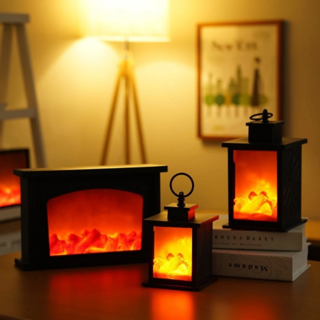 Simulated Flame Fireplace Lantern - USB or Battery Powered LED Light for Yard, Bedroom, Living Room and Table Decoration