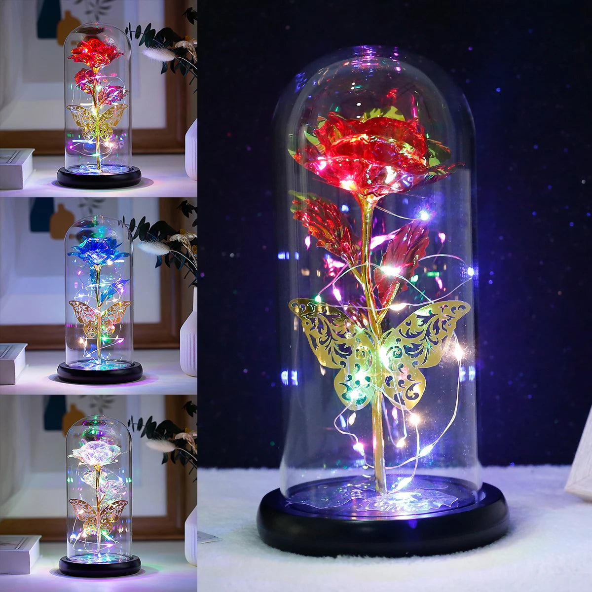 Lampe Rose Galaxie Artificielle avec Papillon et LED Colorée dans un Verre