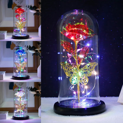 Lampe Rose Galaxie Artificielle avec Papillon et LED Colorée dans un Verre