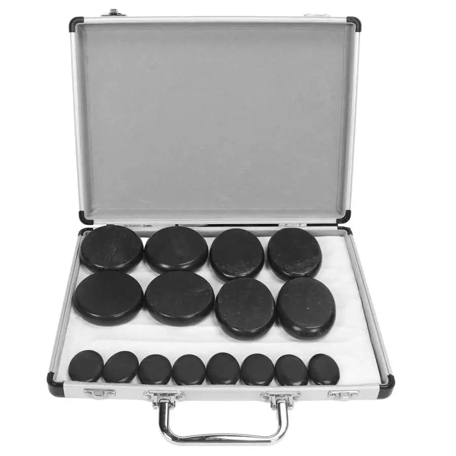 Ensemble de 16 Pierres de Massage Chaudes avec Boîte en Aluminium – Soulage la Douleur &amp; Favorise la Relaxation – Chauffage Sans Eau – Thérapie aux Huiles Essentielles