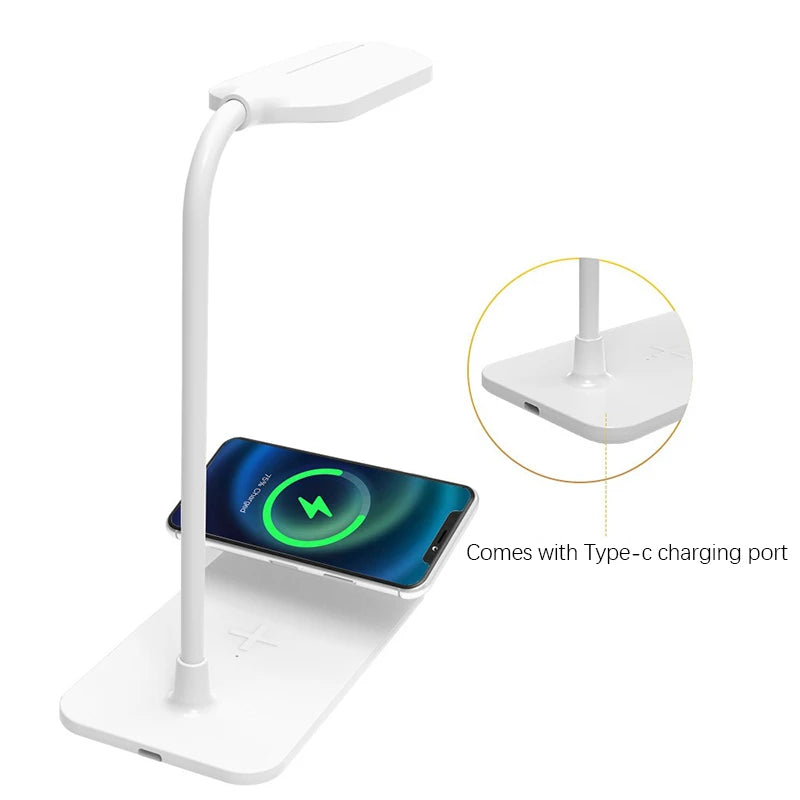 Lampe de Bureau LED avec Chargeur Sans Fil et Port USB – Veilleuse Tactile, Luminosité Réglable, Protection des Yeux – Idéale pour Gaming, Lecture, et Usage Domestique